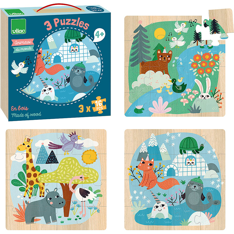 3 puzzles Animaux du monde - Puzzle en bois - VILAC