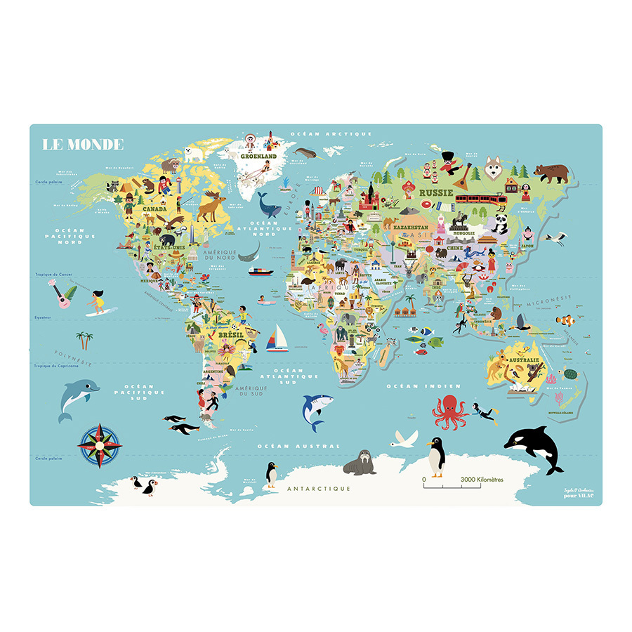 Vilac - Puzzle en bois - Carte du monde poétique magnétique