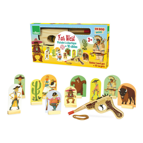 Skill games - Far West, wooden gun with rubber band + targets