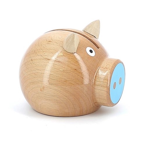 Piggy banks - Natural wood and blue pig money box